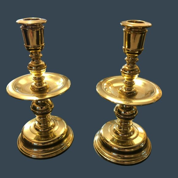 Baldwin Brass 5" Tall Solid Brass Tapered Candlesticks Candle Holders Slim Taper - Picture 1 of 5